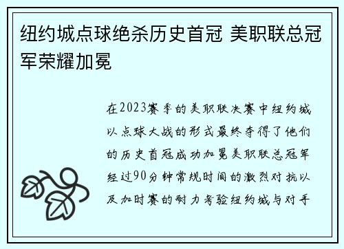 纽约城点球绝杀历史首冠 美职联总冠军荣耀加冕